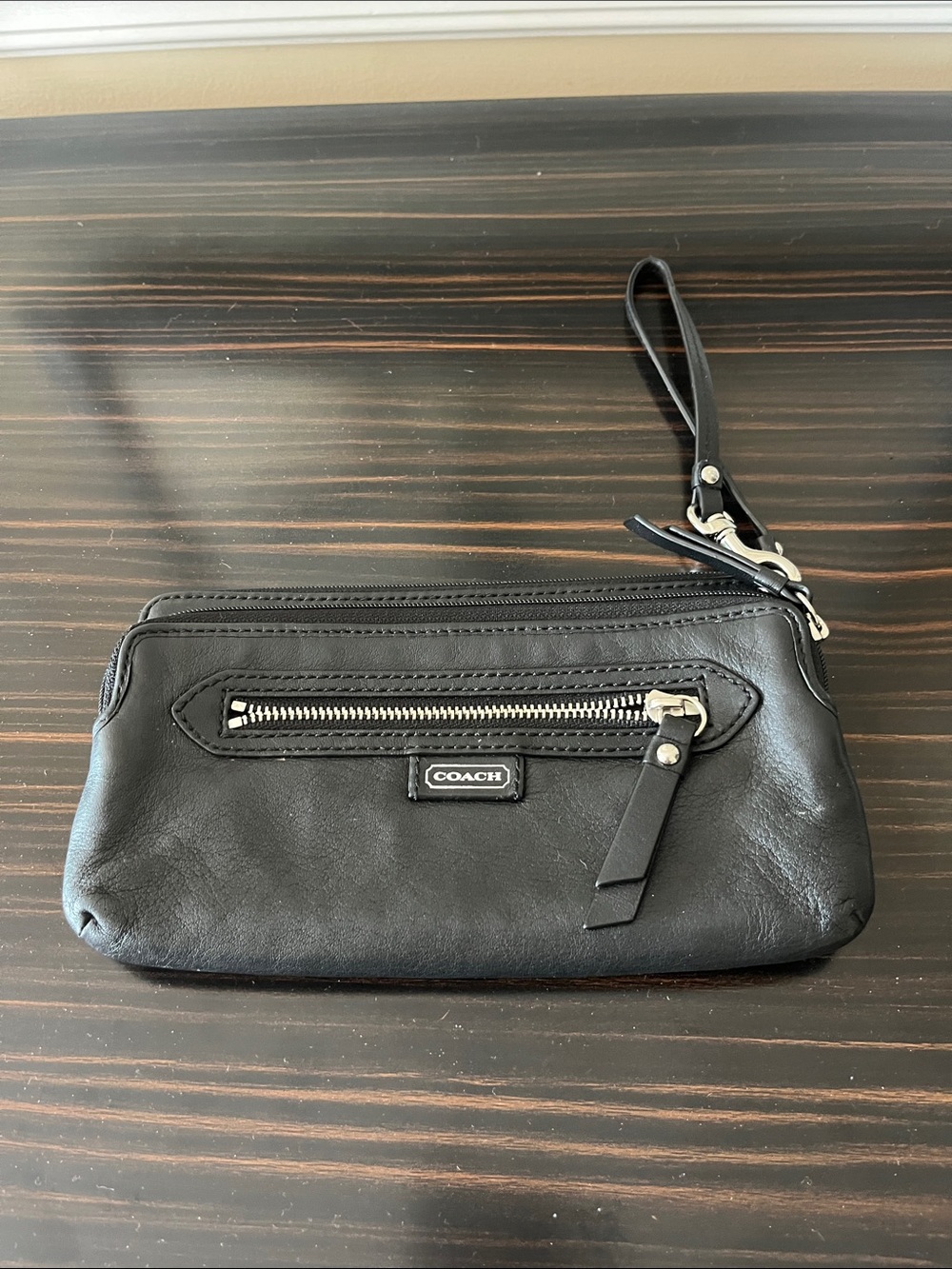 Coach Black Leather Zip Wristlet with Front Zip Pocket and Strap